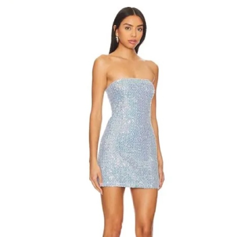Superdown Blue Sequin Denim Strapless Dress